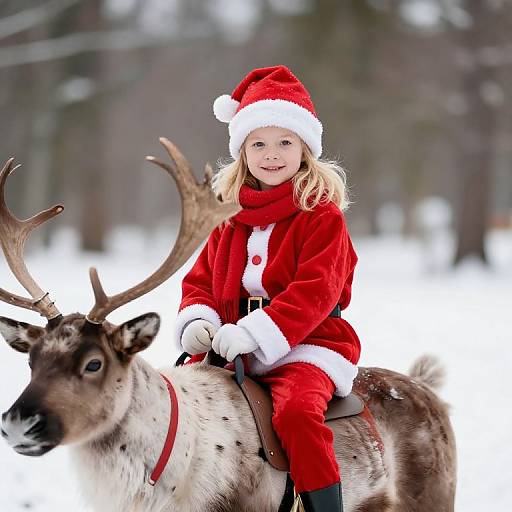 Young Girl in Santa Outfit on Reindeer
