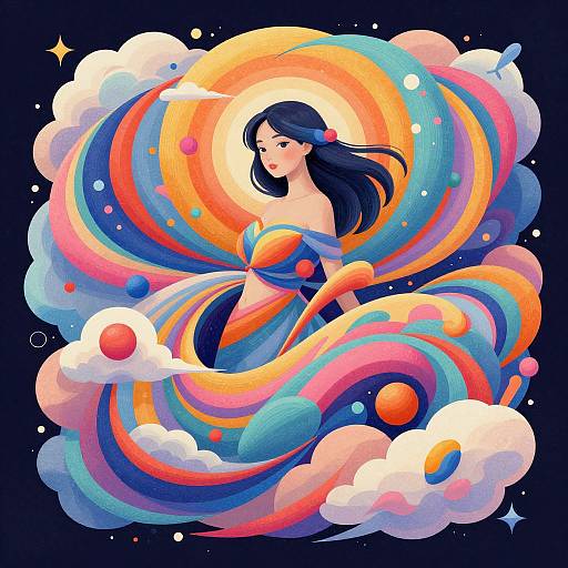 Digital illustration of a dark-haired woman in a colorful, swirling, cosmic dress with vibrant orange, blue, pink, and yellow stripes, surrounded by clouds