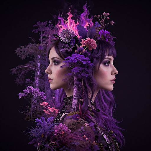 Digital artwork of a dual-profile woman with purple hair, floral crown, and ethereal flowers, set against a dark background.