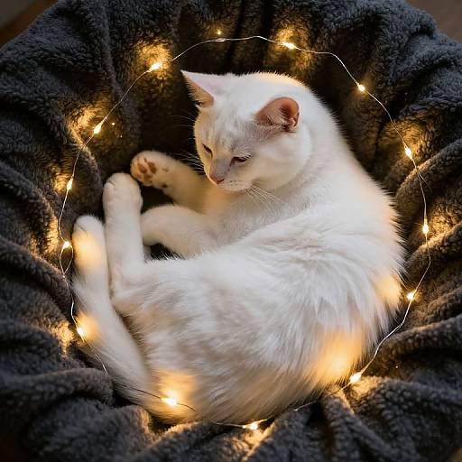 Photograph of a white cat sleeping in a dark gray, fuzzy blanket, surrounded by a circular string of warm white fairy lights.