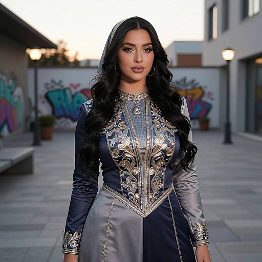 Photograph of a beautiful South Asian woman with long black hair, wearing an ornate, blue and silver traditional outfit, standing in a graffiti-adorn