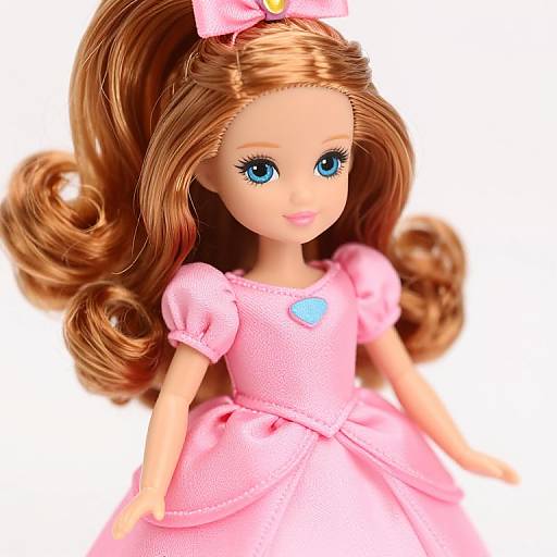 Photograph of a Barbie doll with blue eyes, long brown curly hair, pink dress, and pink bow, against a white background.