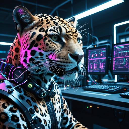 Cybernetic Jaguar Engineer in Neon Lab