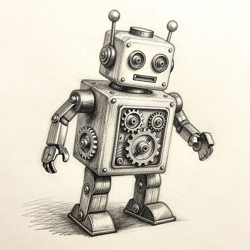 Detailed black-and-white ink drawing of a vintage-style robot with gears on its chest, round eyes, and antennae, standing on a shaded surface.