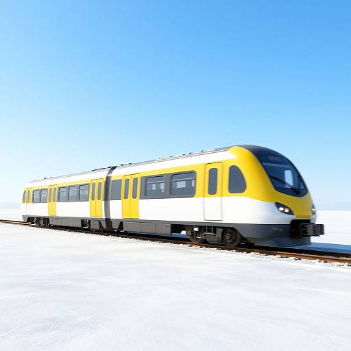 Photograph of a modern, yellow-and-white, high-speed train with a sleek, aerodynamic design, traveling on a clear, sunny day.