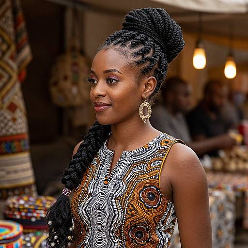 Photograph of a beautiful African woman with braided hair in an intricate, patterned dress, wearing large hoop earrings, smiling at a market stall.