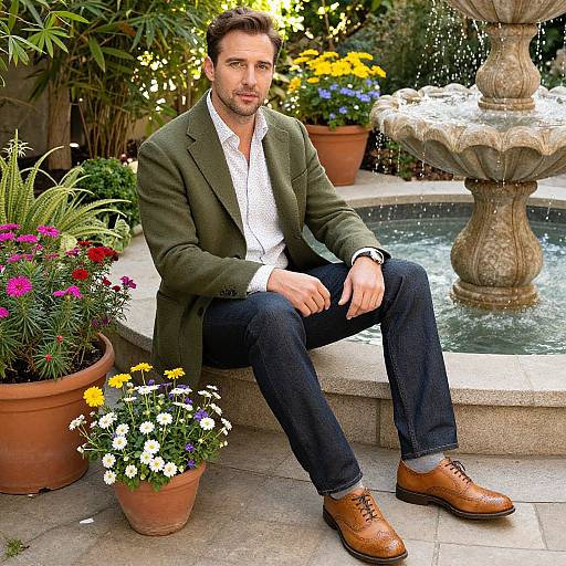 Photograph of a handsome man with short brown hair, green blazer, white shirt, blue jeans, brown shoes, sitting by a decorative fountain surrounded