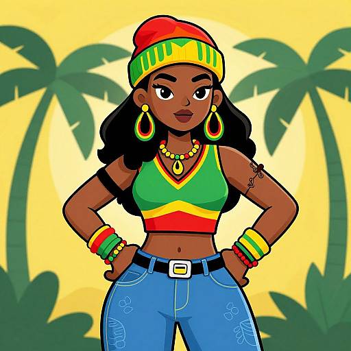 Cartoon-style digital drawing of a confident dark-skinned woman with large hoop earrings, red-yellow-green beanie, crop top, and blue jeans,