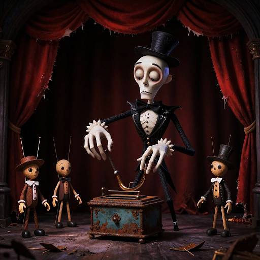 Whimsical Lanky Puppeteer with Marionettes in Crumbling Theater