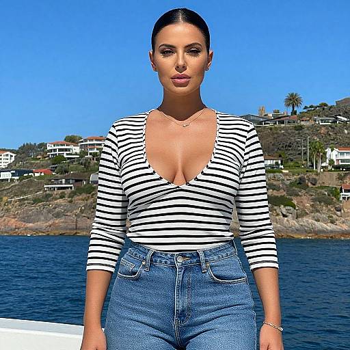 Photorealistic CGI image of a woman with dark hair in a bun, wearing a striped, low-cut top and high-waisted jeans, standing