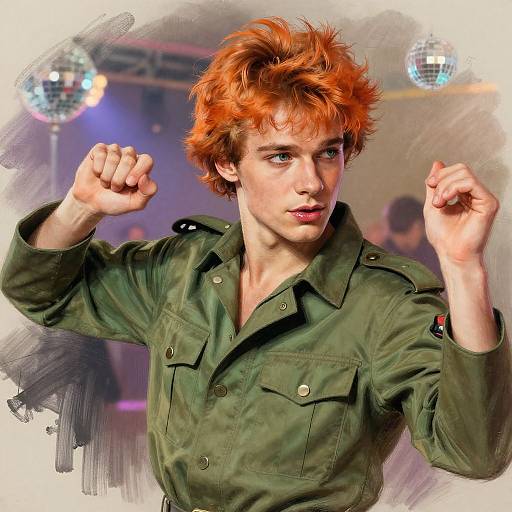 Photograph of a young man with spiky red hair, wearing a green military-style jacket, fists raised in a fighting stance, under disco ball lights