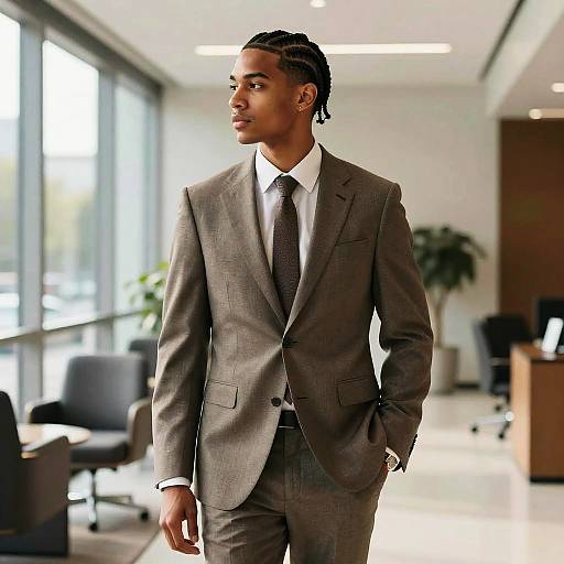 Photograph of a young Black man with braided hair, wearing a gray suit, white shirt, and gray tie, walking in a modern, sun