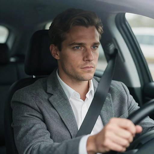 Serious Caucasian Man Driving a Car