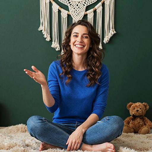 Smiling Woman Sitting on Cozy Blanket