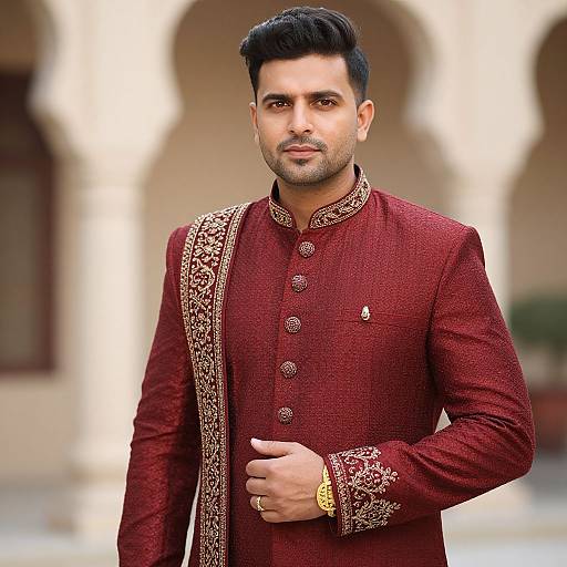 Photograph of a handsome South Asian man with dark hair, light olive skin, and trimmed beard, wearing a red embroidered traditional sherwani, standing