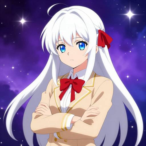 Anime-style digital drawing of a white-haired girl with blue eyes, wearing a beige blazer with a red bow, arms crossed, against a starry