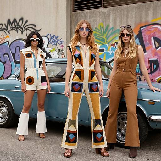 Photograph of three women in retro outfits, standing in front of a graffitied blue car: left in white jumpsuit, middle in colorful
