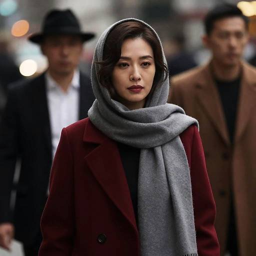 Woman in Gray Headscarf and Red Coat on City Street