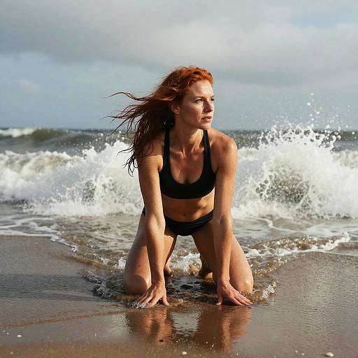 Photograph of a red-haired woman in a black bikini, kneeling on a sandy beach with waves crashing behind her. Her wet hair and intense expression contrast