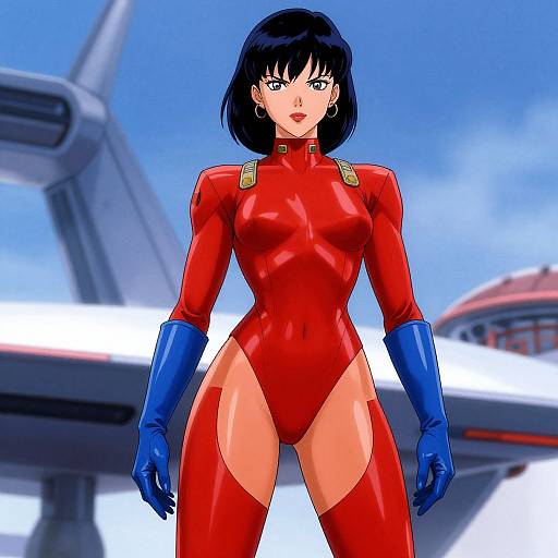 Digital anime-style illustration of a confident woman with black bob hair, wearing a red, high-cut, form-fitting bodysuit, blue gloves,