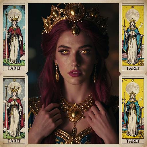 Photograph of a woman with glowing yellow eyes, dark red hair, and a gold crown, surrounded by four Tarot cards depicting her as the Tar