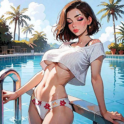 Brunette Woman Relaxing by Pool in Floral Bikini