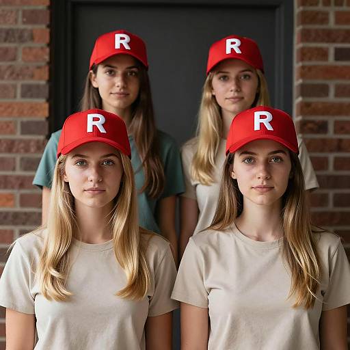 Four Women in Red Caps and Beige Shirts
