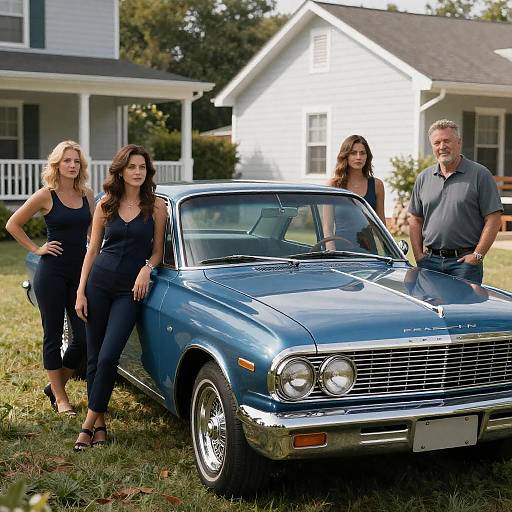 Vintage Car Family Gathering in Sunlight