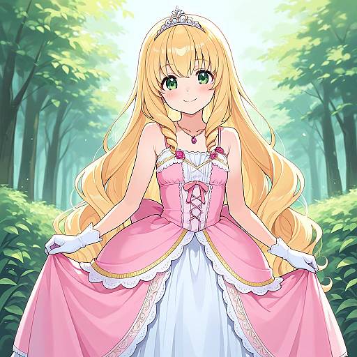 Anime-style digital drawing of a blonde princess with green eyes, wearing a pink and white dress, white gloves, and tiara, standing in a sun