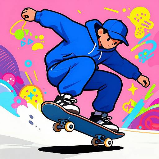 Vibrant digital illustration of a young boy in blue hoodie and cap, skateboarding mid-trick, with colorful, abstract background. Dynamic, energetic