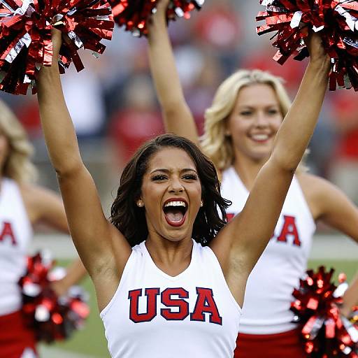Photograph of a passionate, dark-haired female cheerleader with arms raised, mouth open in excitement, wearing a white 