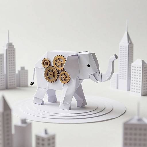 Photograph of a white origami elephant with brown gears on its side, standing on a white circular platform amidst blurred city skyscrapers.