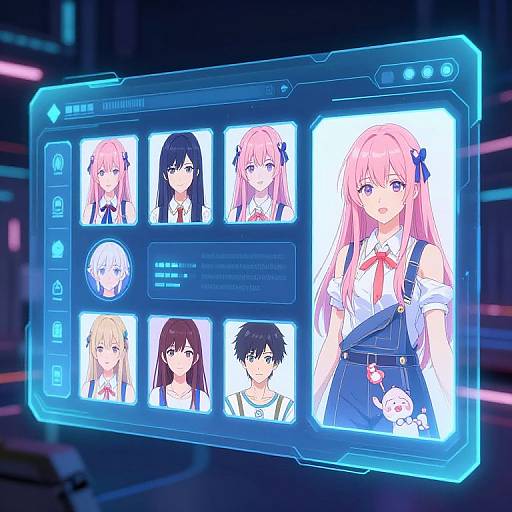 Digital anime-style interface displaying six character portraits of cute girls and boys with varying hair colors and styles, set against a glowing blue background.