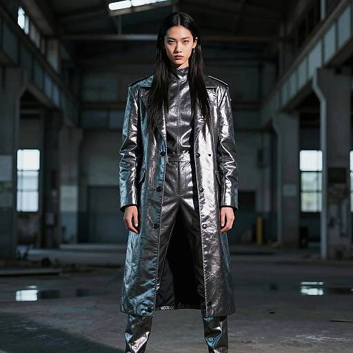 Androgynous model in futuristic metallic outfit