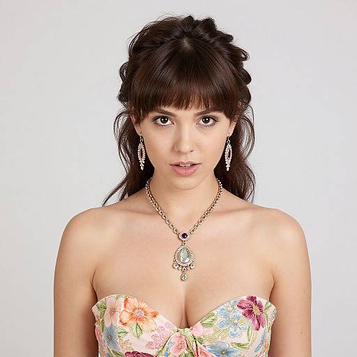 Photograph of a young woman with dark hair, floral strapless dress, silver necklace with teardrop pendant, and dangling earrings, against a plain
