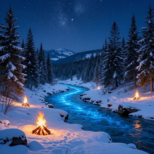 Photograph of a snowy forest at night, with glowing campfires, a luminous blue river, tall pine trees, and a starry sky over