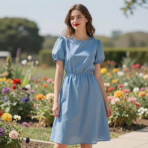 Young Woman in Blue Puff Sleeve Dress in Garden