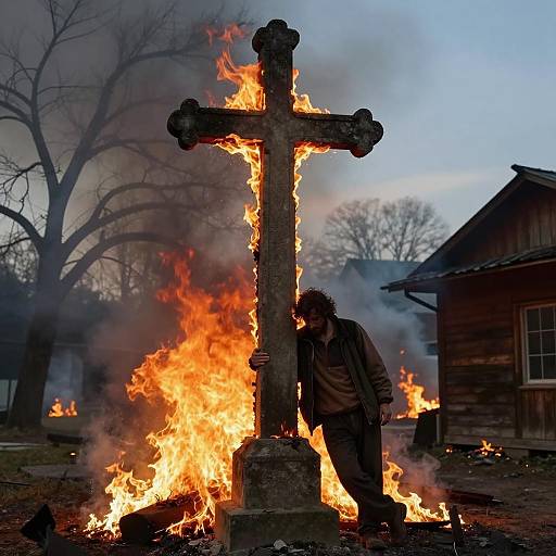 Man Leaning on Stone Cross Amid Fires