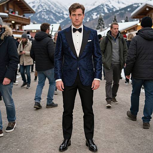 Photograph of a handsome man in a dark blue, textured tuxedo with black bow tie, standing in a snowy mountain village, surrounded by casually