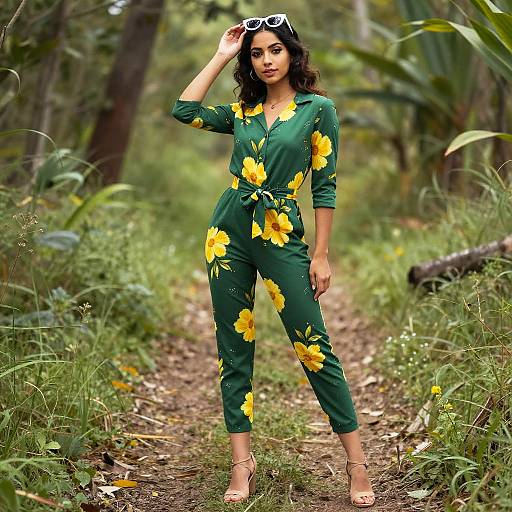 Vibrant Woman in Floral Green Jumpsuit