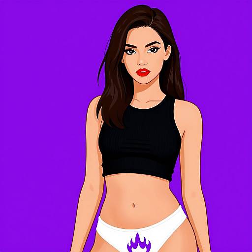 Digital drawing of a woman with long black hair, red lipstick, black crop top, white panties with purple flames, against a purple background.