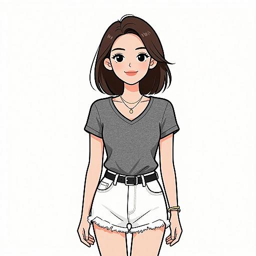 Digital anime-style drawing of a cute young woman with fair skin, short brown hair, wearing a gray V-neck tee, white high-waisted shorts