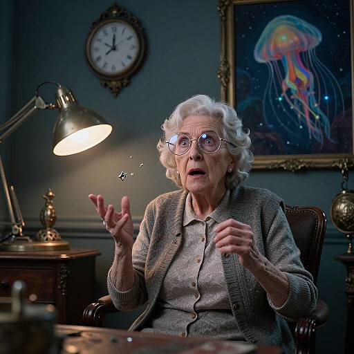 Elderly woman with white curly hair, glasses, gray blazer, and buttoned shirt, makes sparkling crystals appear in dimly lit room with