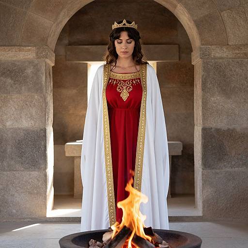 Photograph of a dark-haired woman in a red and gold-embroidered gown, white robe, and gold crown, standing before a burning fire