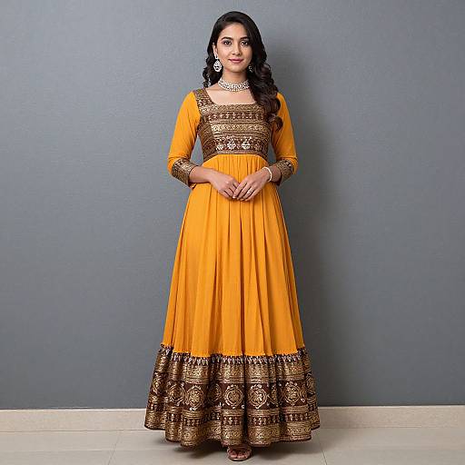 Photograph of a South Asian woman with dark hair wearing a long, yellow, gold-embroidered traditional dress against a gray wall.