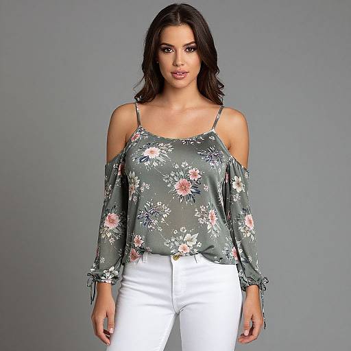 Photograph of a woman with long dark hair, wearing a green floral off-shoulder top and white pants, standing against a gray background.