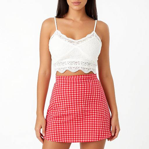 Photograph of a woman with long black hair, wearing a white lace spaghetti strap top and red checkered high-waisted mini skirt.