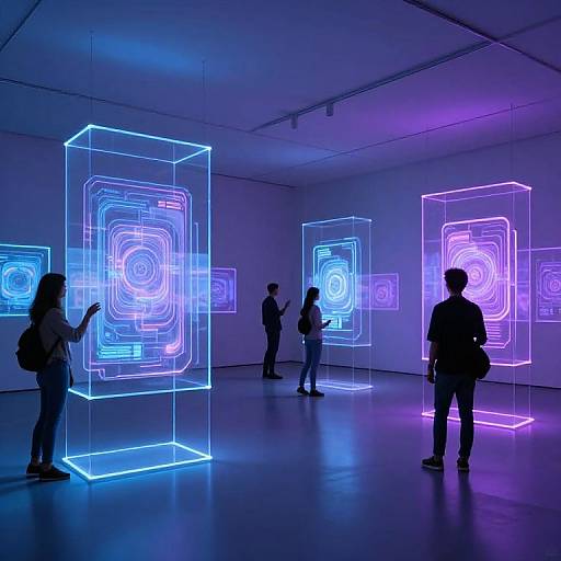 Photograph of a modern art gallery with neon blue and purple glow-in-the-dark geometric installations. Silhouetted visitors observe the illuminated cubes and spir