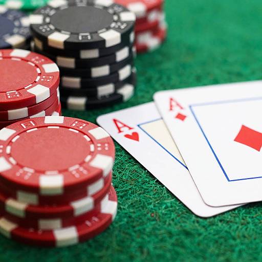 Photograph of stacked red and black poker chips on green felt, with three Ace cards (one red, two black) nearby.