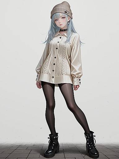 Digital anime-style illustration of a blue-haired girl in a beige beanie, oversized cream cardigan, black stockings, and black boots, standing on a